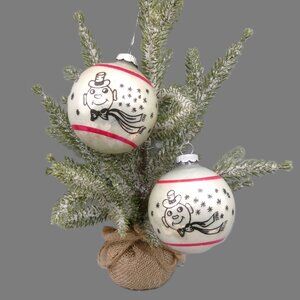 2 Shiny Brite Snowman Frosty Stenciled Ornaments, Mercury Glass Vintage Lot